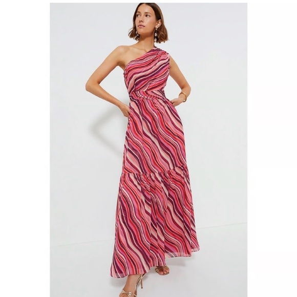 Tuckernuck Vibrant Pink sunset stripe Cadiz One-Shoulder Dress medium NWT - Picture 2 of 6
